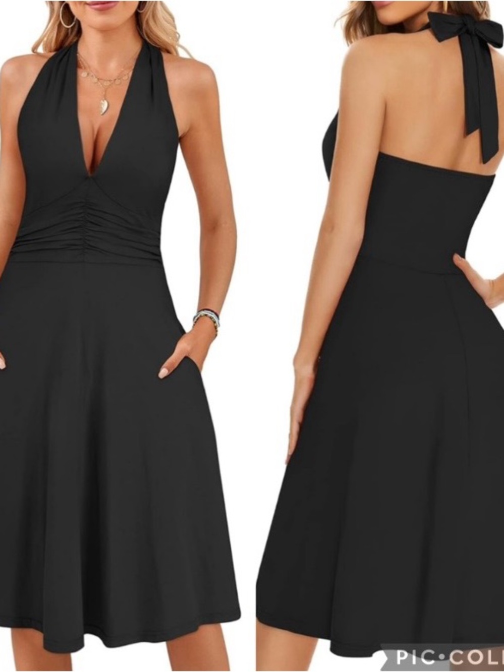 Halter V-Neck Black Midi Dress with Ruched Waist